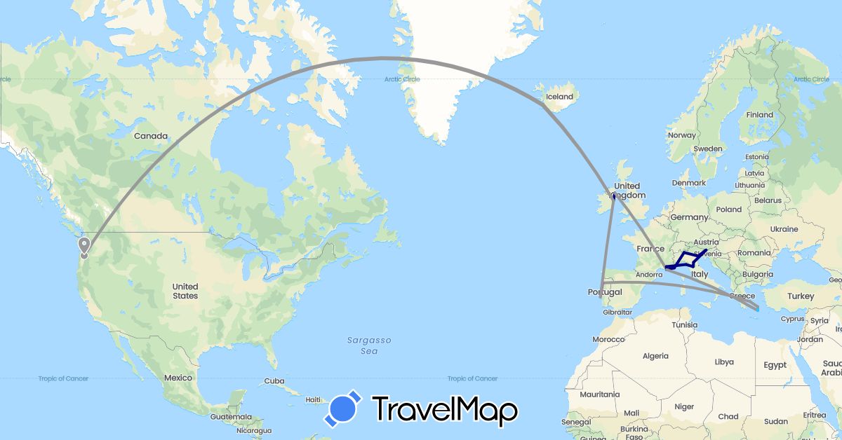 TravelMap itinerary: driving, plane, train, boat in France, United Kingdom, Greece, Ireland, Iceland, Italy, Portugal, Slovenia, United States (Europe, North America)